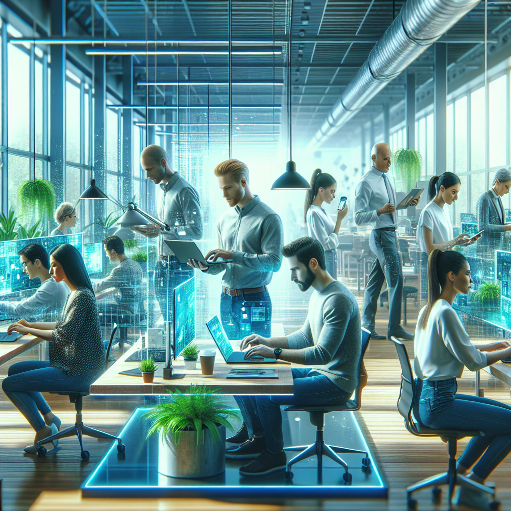 Colaboradores em um ambiente de trabalho híbrido usando tecnologia